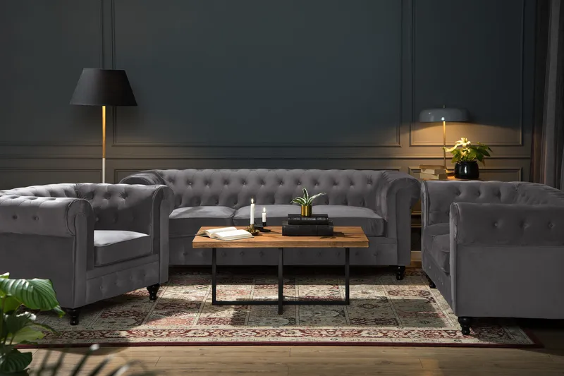 Chesterfield Lyx 2-sits Liten Sammetssoffa - Djup soffa 160 cm bred - Mörkgrå - Products - Möbler - Soffa - 2 sits soffa