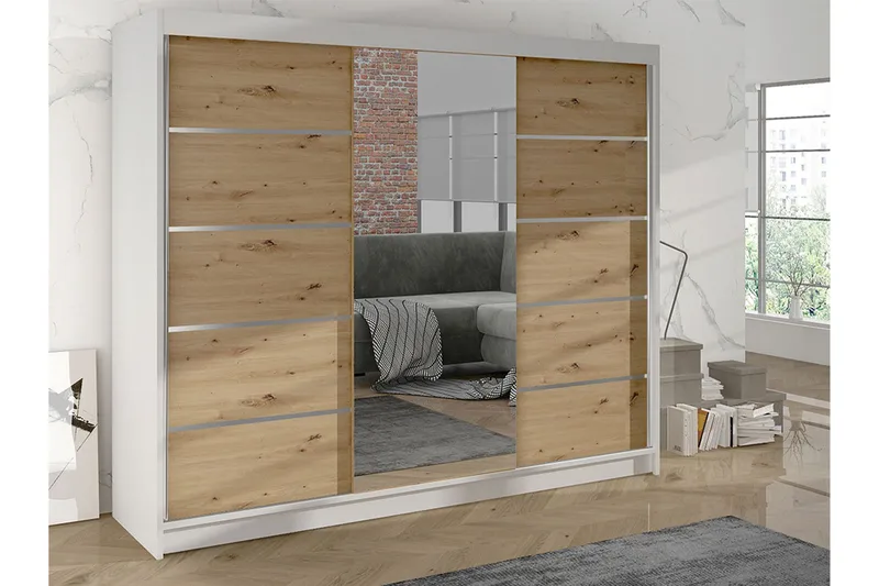 Cyria Garderob med rymlig Förvaring och Skjutdörrar med Spegel 200x215 cm - Brun/Vit - Products - Förvaring - Garderober & garderobssystem