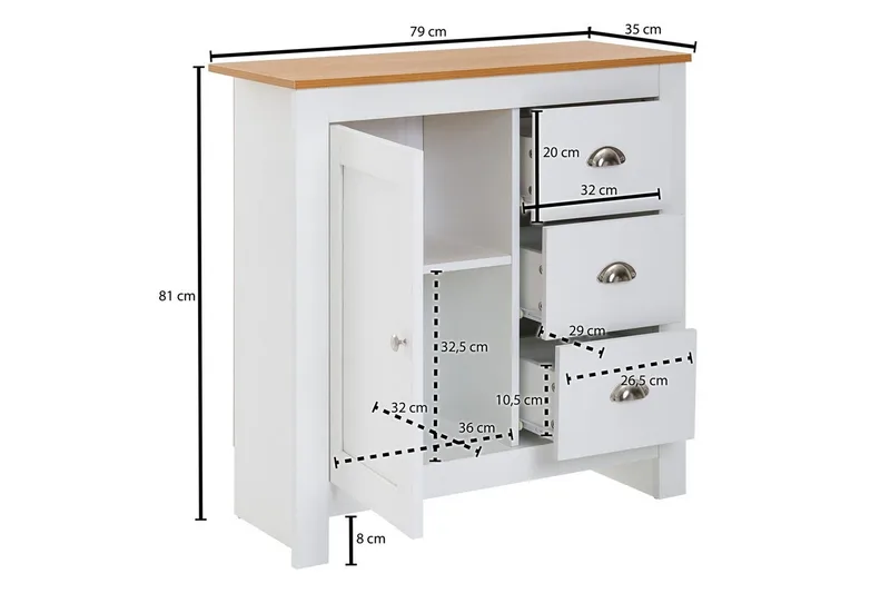 Byrå Wohnling med 3 lådor 2 dörrar tvåfärgad vit ek lantlig stil - Products - Förvaring - Förvaringsmöbler - Byrå - Hallbyrå