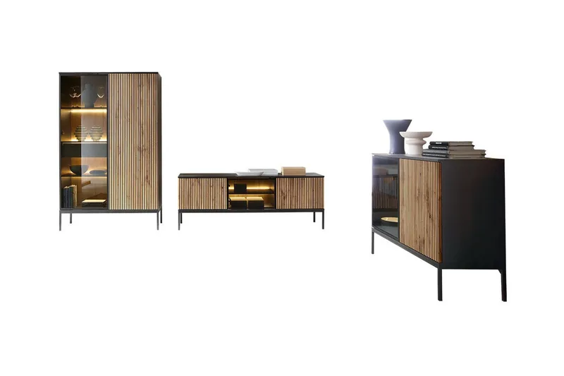 Klinkerville Möbelset Vardagsrum med Belysning TV-bänk vitrin, Svart Trä / Brun / Ribbad / Glas