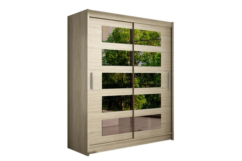 Leila Garderob 150 cm Skjutdörrar Delad Spegel, Beige/Trä/Natur