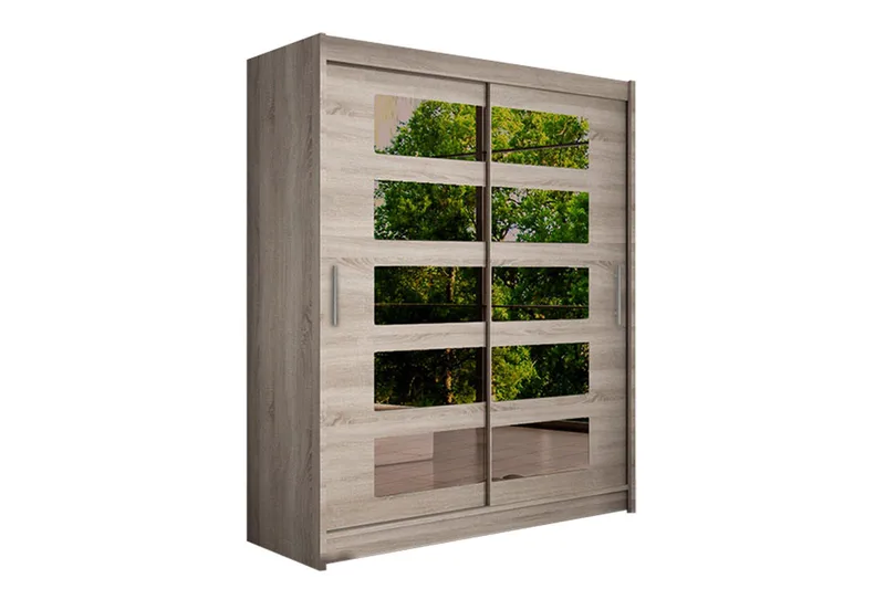 Leila Garderob Skjutdörrar 5-Delad Spegel, Beige/Trä/Natur