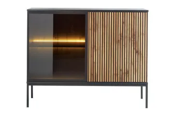 Klinkerville Lågt Vitrinskåp med belysning 39 cm djup 104 cm - Svart Trä / Glas / Ribbad - Products - Förvaring - Skåp - Vitrinskåp