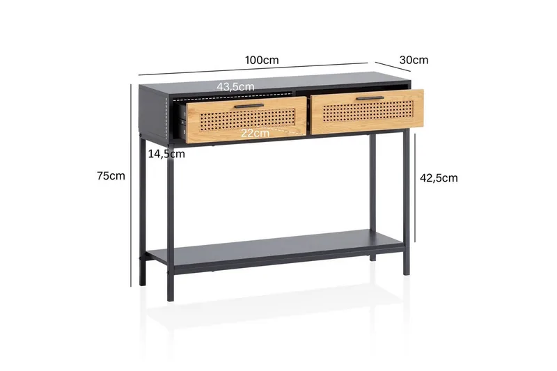 Konsolbord Wohnling Massivt trä 100 cm 2 lådor industrihus stil med Wienerkorg - Products - Möbler - Bord & matgrupp - Avlastningsbord & sidobord - Konsolbord & hallbord