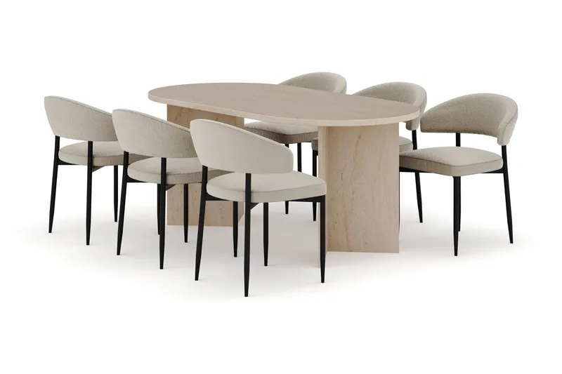 Dano Matbord 180 cm  med 6 Sawako Matstolar, Travertin / Beige