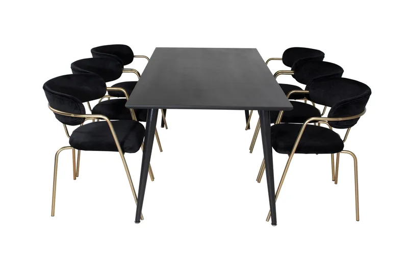 Dipp Matgrupp 180 cm Rektangulär med 6 Arrow stolar, Svart/Guld
