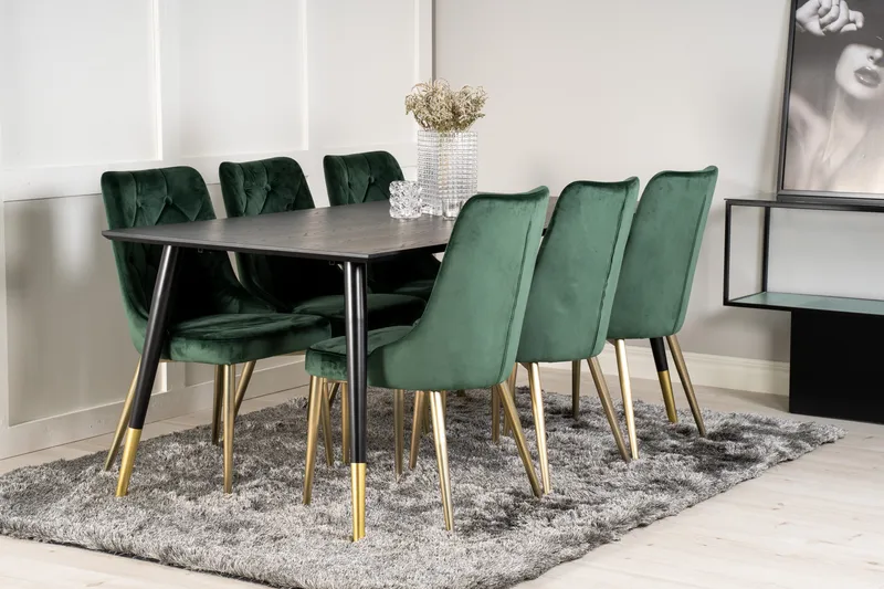Dipp Matgrupp 180 cm Rektangulär med 6 Velvet Deluxe stolar - Svart/Guld - Products - Möbler - Bord & matgrupp - Matgrupp