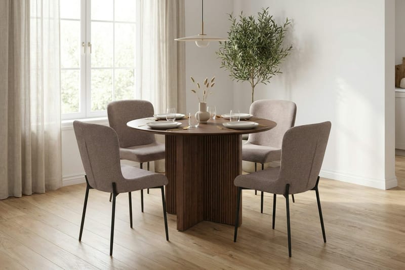 Edda Matgrupp runt 110 cm Valnöt med 4 Elsie Matstolar - Valnöt/Grå - Products - Möbler - Bord & matgrupp - Matgrupp