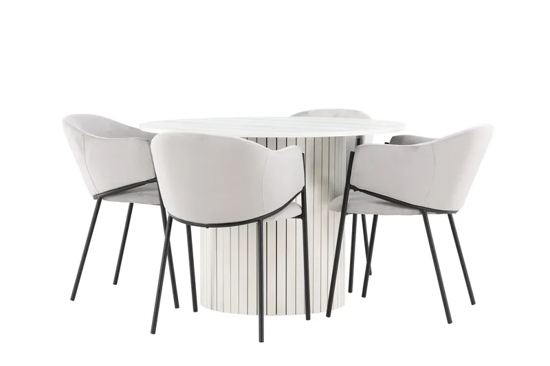 Härön Matgrupp 110 cm Rund med 4 Evelina stolar, Vit/Grå