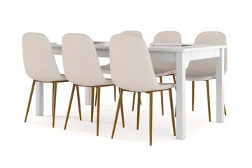 Jasmin Förlängningsbart Matbord 180 cm +  6 st Nibe stol beige med ek ben, Vit/Beige