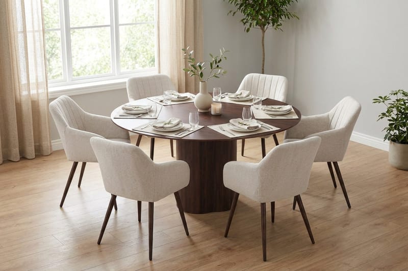 Juno Matgrupp runt 150 cm Valnöt med 6 Filippa Matstolar - Valnöt - Products - Möbler - Bord & matgrupp - Matgrupp