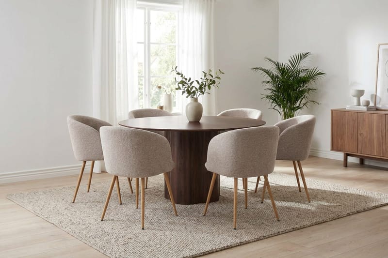 Juno Matgrupp runt 150 cm Valnöt med 6 Greya Matstolar - Valnöt - Products - Möbler - Bord & matgrupp - Matgrupp