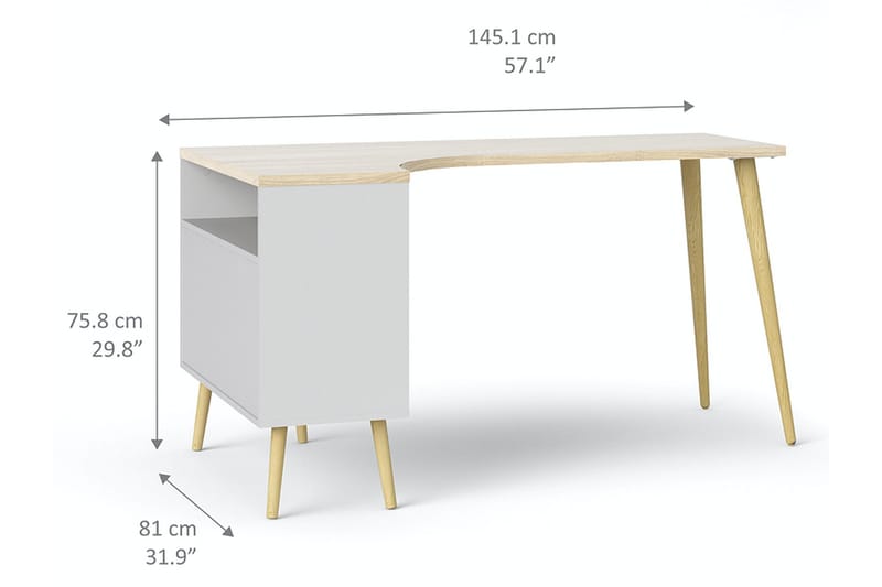 Delta Skrivbord 145 cm med Förvaring Lådor + Hyllor - Vit/Natur - Products - Möbler - Bord & matgrupp - Kontorsbord - Datorbord