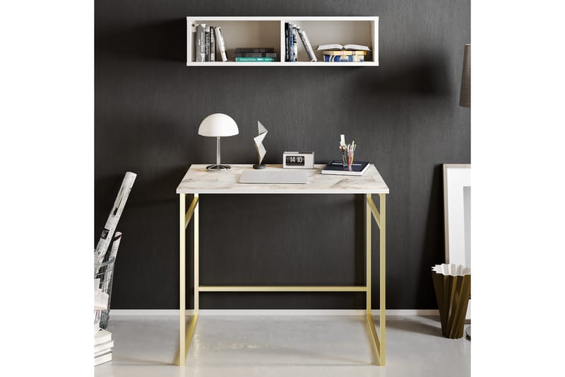 Klingbo Skrivbord 90 cm med Förvaring Vägghylla Marmormönste - Guld - Products - Möbler - Bord & matgrupp - Kontorsbord - Datorbord