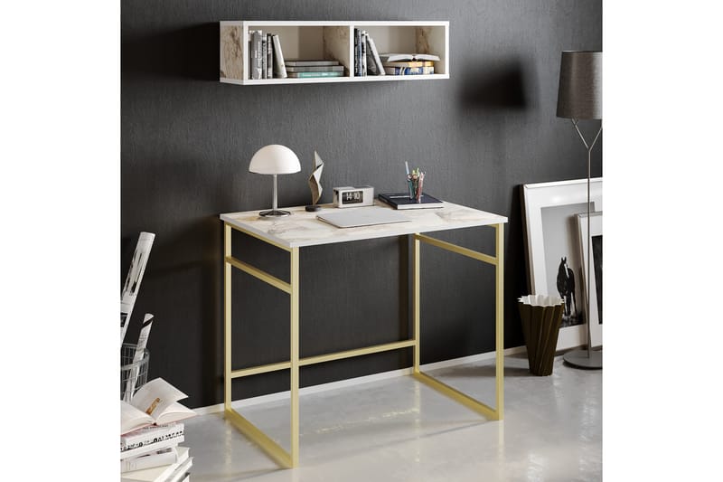 Klingbo Skrivbord 90 cm med Förvaring Vägghylla Marmormönste - Guld - Products - Möbler - Bord & matgrupp - Kontorsbord - Datorbord