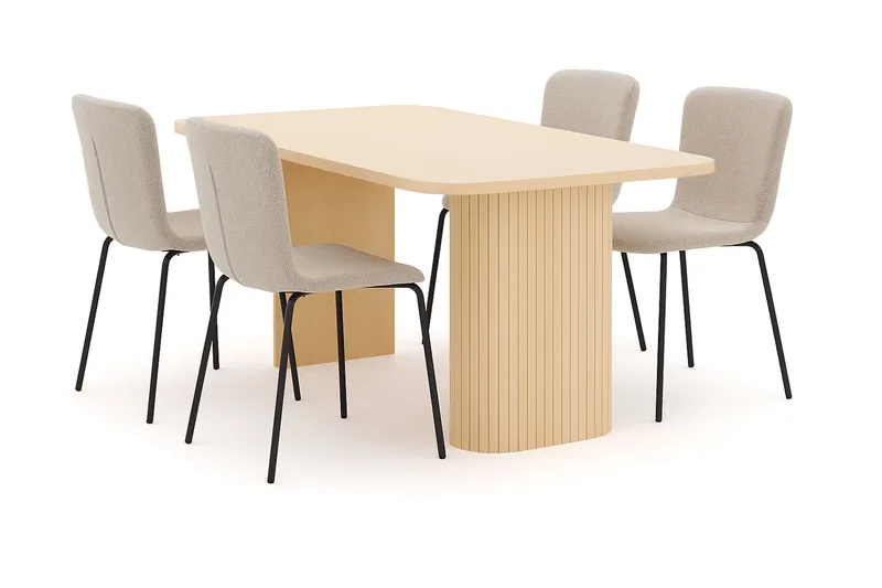 Kopparbo Matbord 160 cm med 4 Katy Matstolar, White / Greige Bouclé / Metallben Svart