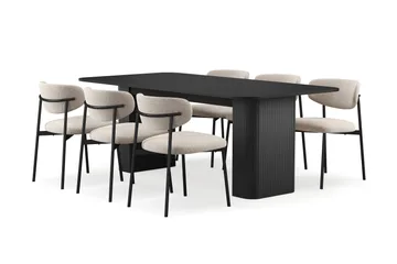 Kopparbo Matbord 200-260 cm Förlängningsbart med 6 Lucy Matstolar, Svart / Greige Bouclé / Metallben Svart