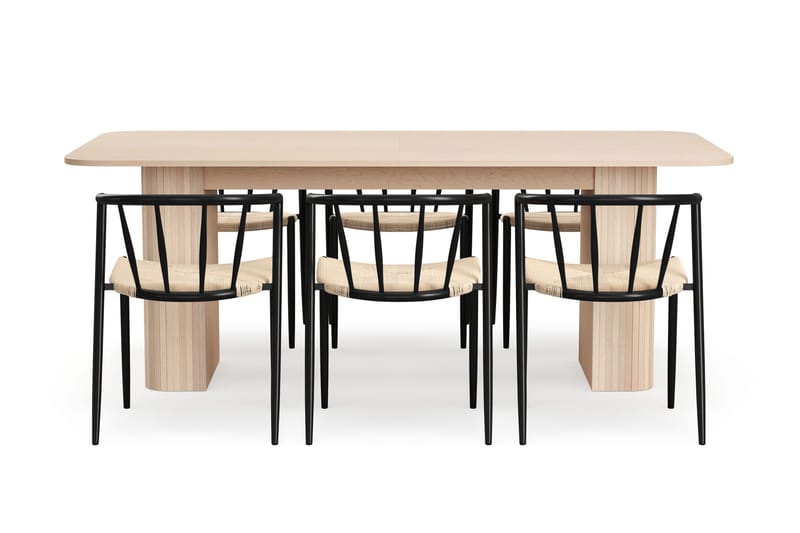 Kopparbo Matbord 200-260 cm Förlängningsbart med illäggsskiv med 6 Winston Matstolar - Vit / Beige / Metallben Svart - Products - Möbler - Bord & matgrupp - Matgrupp
