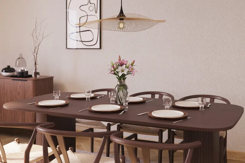 Kopparbo Matgrupp 200 cm med 6 Dastoori Matstol - Brun / Beige / Trä / Ribbad - Products - Möbler - Bord & matgrupp - Matgrupp