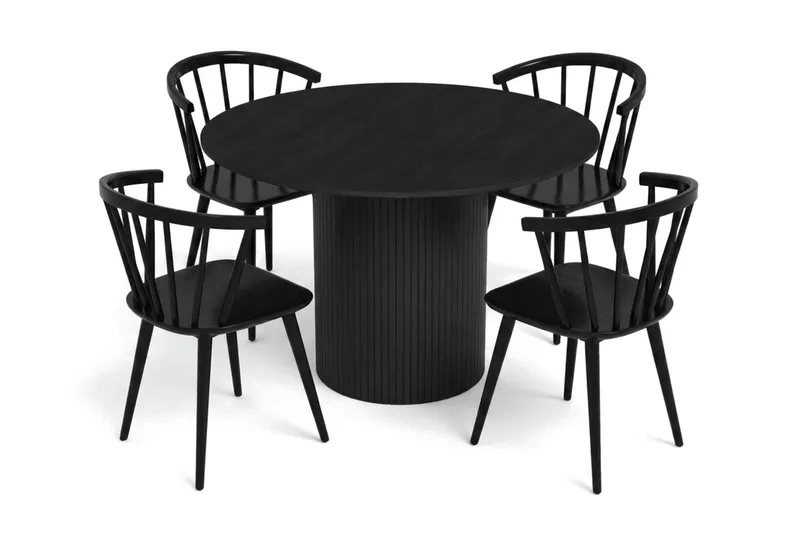 Kopparbo Matgrupp runt 110 cm Svart med 4 Tyrö Matstolar, Svartlaserad ek