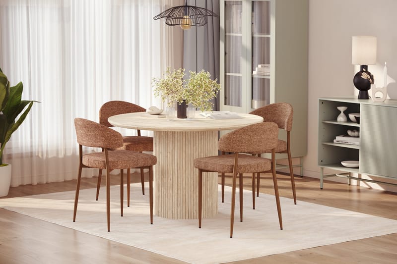 Kopparbo Runt Matbord 120cm Travetin utseende med 4 st Jairam Matstolar - Beige - Products - Möbler - Bord & matgrupp - Matgrupp