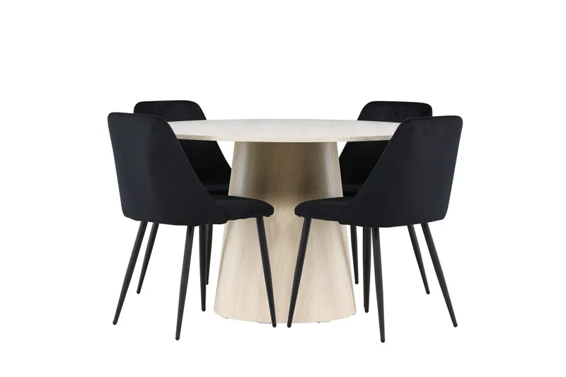 Lanzo Matgrupp 120 cm Rund med 4 Night stolar, Whitewash/Svart