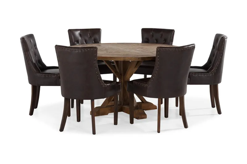 Lyon Matgrupp 150 cm Rund Mörkt trä med 6 Tuva Stolar, Vintage Alm / Brun Pu