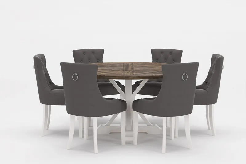 Lyon Premium Matgrupp Rund 150 cm + 6 st Viktoria Matstolar, Grå/Brun