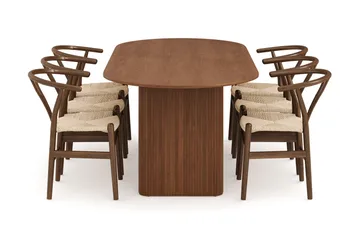 Noira Matgrupp 220 cm Massiv Valnöt med 6 Dastoori Matstol - 2220070-6,2098431-1 - Ribbad / Natur / Mörkbrun / Brunt Trä - Products - Möbler - Bord & matgrupp - Matgrupp