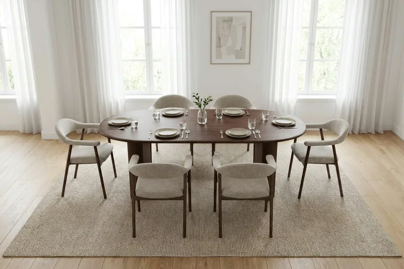 Noira Matgrupp 220 cm rektangulärt i Valnöt med 6 Ronja Matstolar - Valnöt - Products - Möbler - Bord & matgrupp - Matgrupp