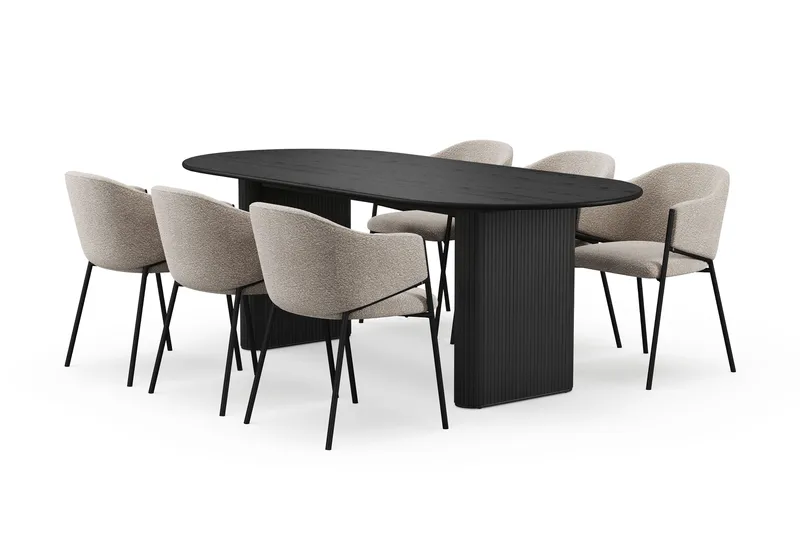 Noira Ovalt Matbord 220 cm med 6 Filip Matstolar, Svart / Taupe Bouclé