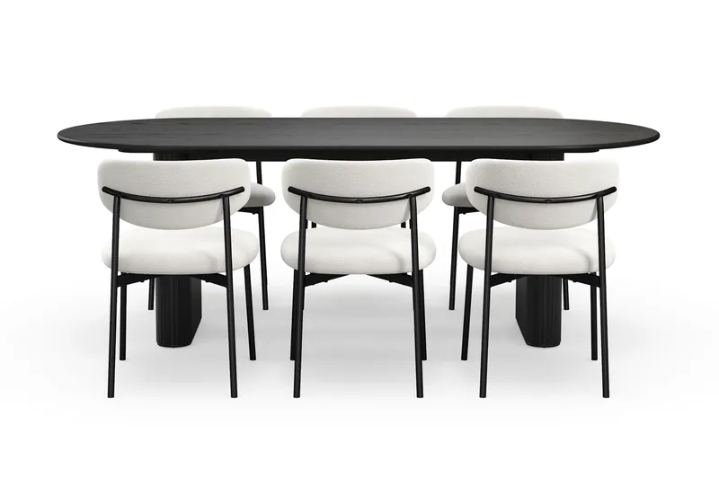 Noira Ovalt Matbord 220 cm med 6 Lucy Matstolar - Svart / Vit Bouclé / Metallben Svart - Products - Möbler - Bord & matgrupp - Matgrupp