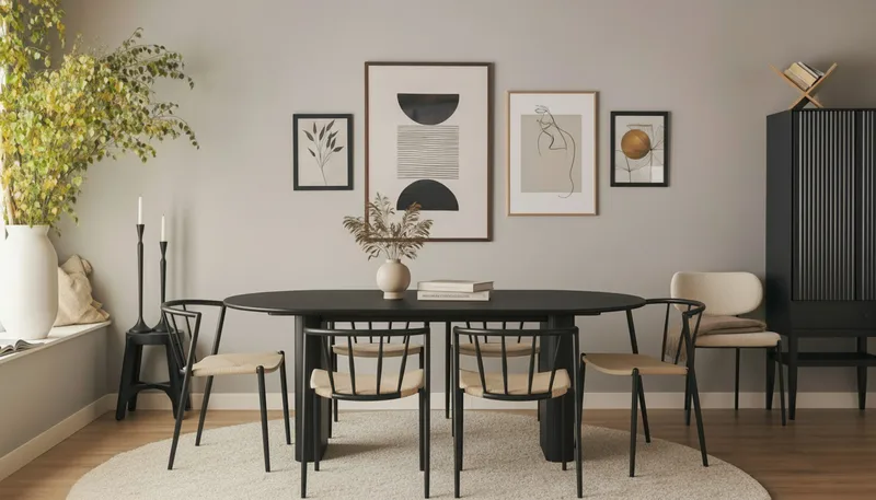 Noira Ovalt Matbord 220 cm med 6 Winston Matstolar - Svart / Beige / Metallben Svart - Products - Möbler - Bord & matgrupp - Matgrupp