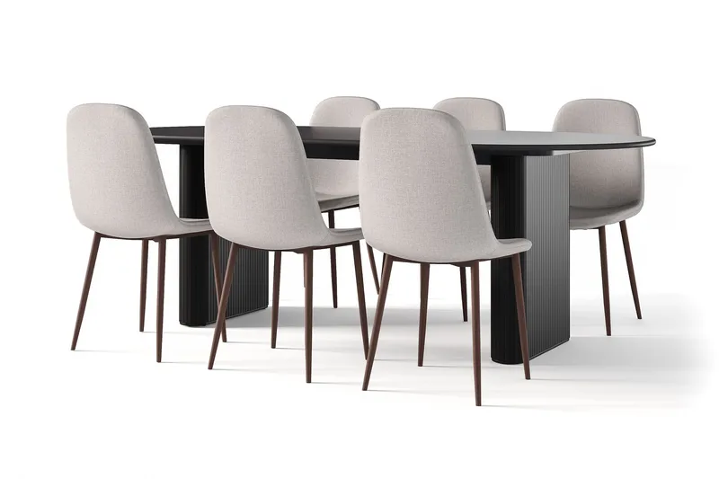 Noira Ovalt Matbord 220 cm Svart +  6 st Nibe stol grå med valnöt ben, Svart/Grå