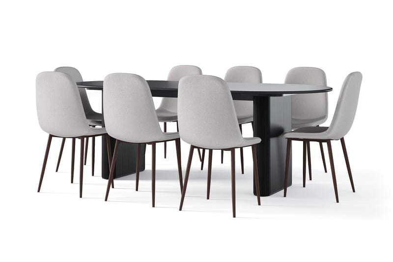 Noira Ovalt Matbord 220 cm Svart +  8 st Nibe stol grå med valnöt ben, Svart/Grå