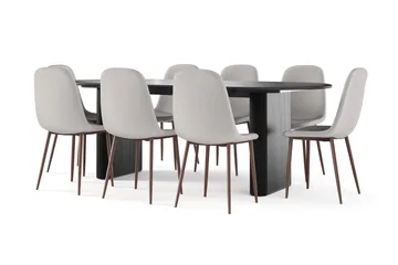 Noira Ovalt Matbord 220 cm Svart +  8 st Nibe stol beige med valnöt ben, Svart/Beige