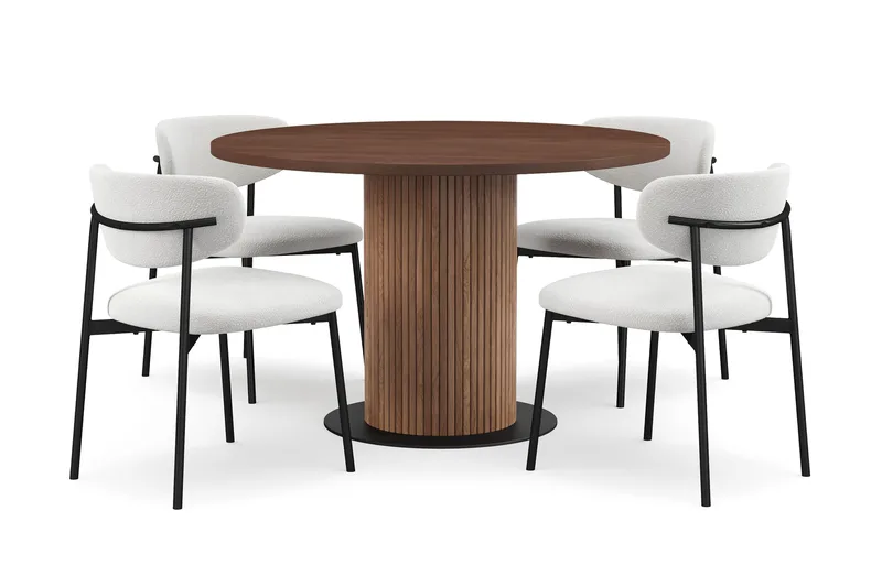 Noira Runt Litet Matbord Massiv Valnöt 120 cm med 4 Lucy Matstolar - Brun / Vit Bouclé / Metallben Svart - Products - Möbler - Bord & matgrupp - Matgrupp