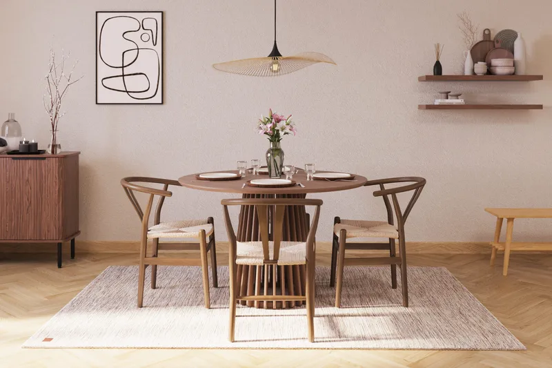 Peyra Matgrupp 120 cm Rund med 4 Dastoori Matstolar - Valnöt / Brun / Beige - Products - Möbler - Bord & matgrupp - Matgrupp