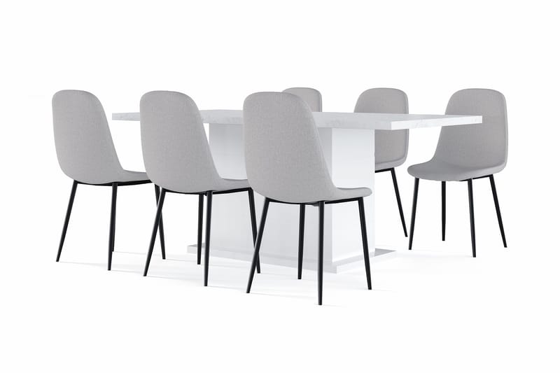 Ratliff Matbord 180 cm Förlängningsbart med illäggsskiva +  6 st Nibe stol grå med svarta ben, Vit/Grå