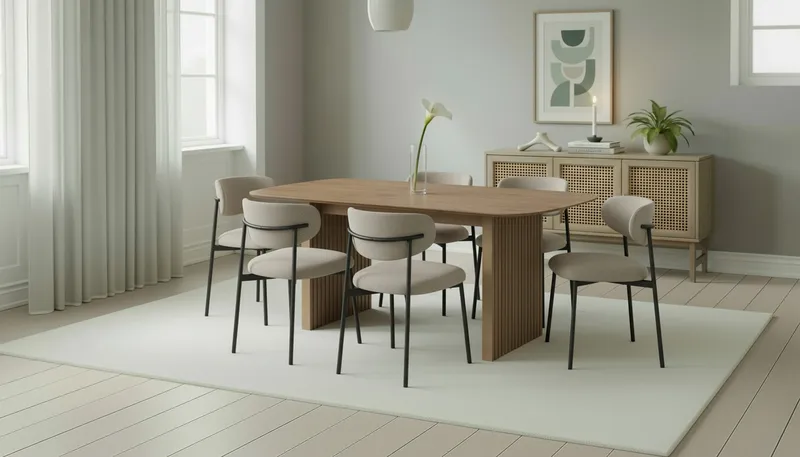 Richeto Matbord 180 cm med 6 Lucy Matstolar - Naturlig finish / Greige Bouclé / Metallben Svart - Products - Möbler - Bord & matgrupp - Matgrupp