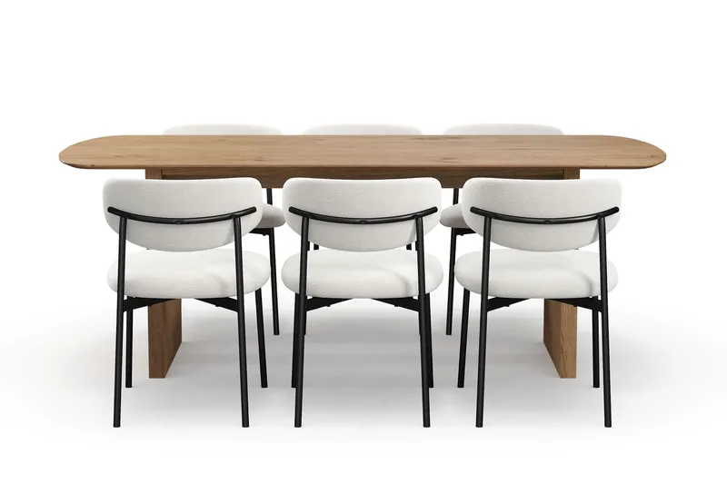 Richeto Matbord 210 cm med 6 Lucy Matstolar - Naturlig finish / Vit Bouclé / Metallben Svart - Products - Möbler - Bord & matgrupp - Matgrupp