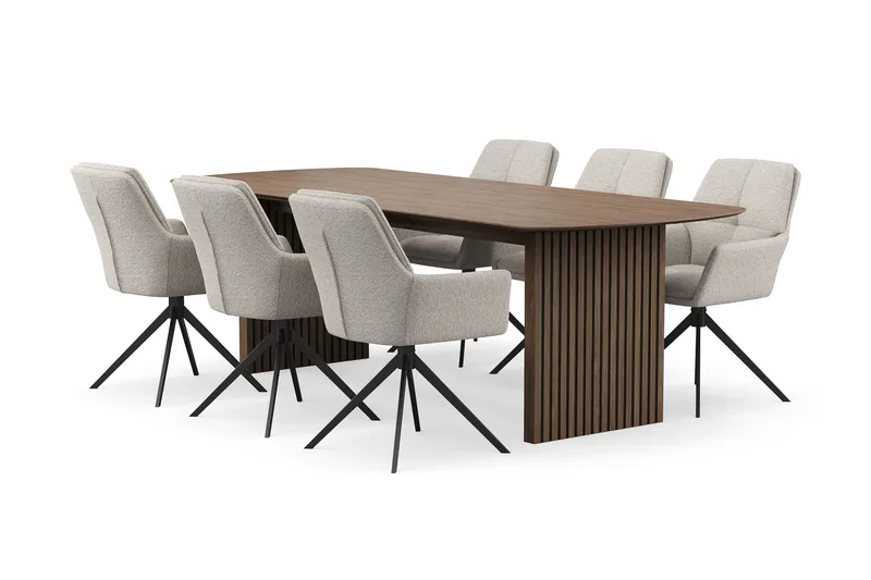 Richeto Matgrupp 240 cm med 6 Torsby Snurrstolar, Rökt ek/Mörkbeige