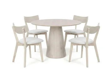 Siena Matgrupp 110 cm runt Vitlaserad med 4 Amelia Matstolar med Dyna, Vitlaserad/Beige