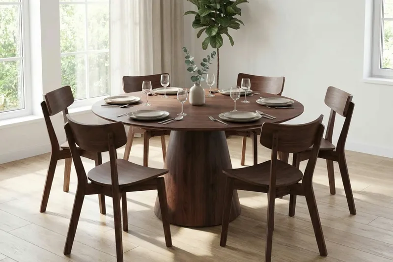 Siena Matgrupp 150 cm runt i Valnöt med 6 Amelia Matstolar - Valnöt - Products - Möbler - Bord & matgrupp - Matgrupp