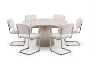 Siena Matgrupp runt 150 cm Vitlaserad med 6 Milva Matstolar, Vitlaserad/Beige/krom