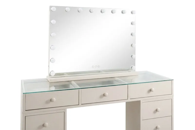 Glow Sminkbord 120 cm med Glasskiva Förvaring och Lådor samt Spegel 80 cm med Belysning - Beige - Products - Möbler - Bord & matgrupp - Sminkbord & toalettbord