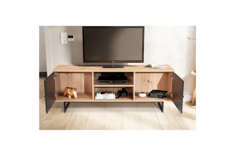 Lowboard Wohnling modernt spånskiva, 2 dörrar, förvaringsbrickor, metallben, modern stil Ek, Svart - Ek, Svart - Products - Möbler - TV- & Mediamöbler - TV-skåp