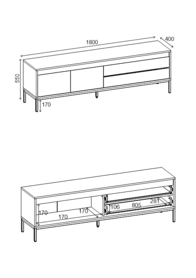Velar TV-bänk 180x55x40 cm - naturfärgad ek, trä svart, svart - Products - Möbler - TV- & Mediamöbler - TV bänk & mediabänk
