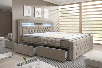 Franco Komplett Sängpaket med förvaring LED-belysning 180x200 cm + 2st Franco Sängbord - Beige / Sammet - Products - Möbler - Säng - Säng med förvaring