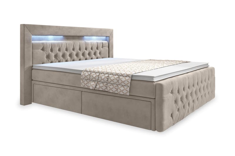 Franco Komplett Sängpaket med förvaring LED-belysning 180x200 cm - Beige / Sammet - Products - Möbler - Säng - Säng med förvaring